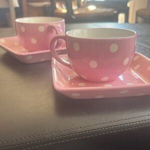 Pampered Chef Pink Polka Dot Ceramic Cup and Saucer Set